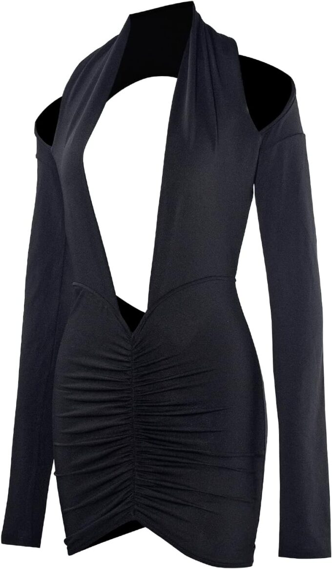 Women Sexy Deep V Neck Long Sleeve Backless Dress Cut Out Bodycon Ruched Mini Club Dresses – Bild 5