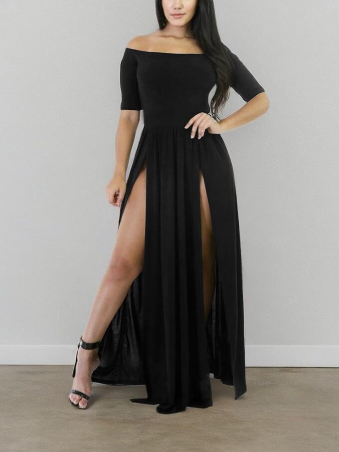 Vrtige Women's Sexy Off Shoulder High Split Short Sleeve Flowy Cocktail Maxi Long Dress – Bild 5