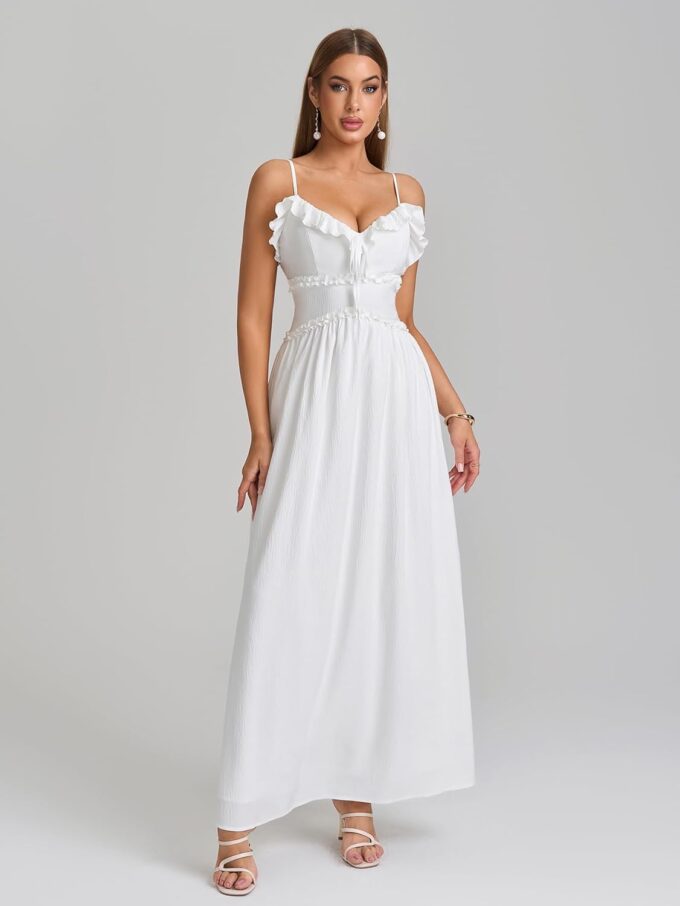 Summer Maxi Dress Spaghetti Strap Ruffle V Neck Casual Flowy Beach Wedding Guest Long Dresses for Women 2025 – Bild 2