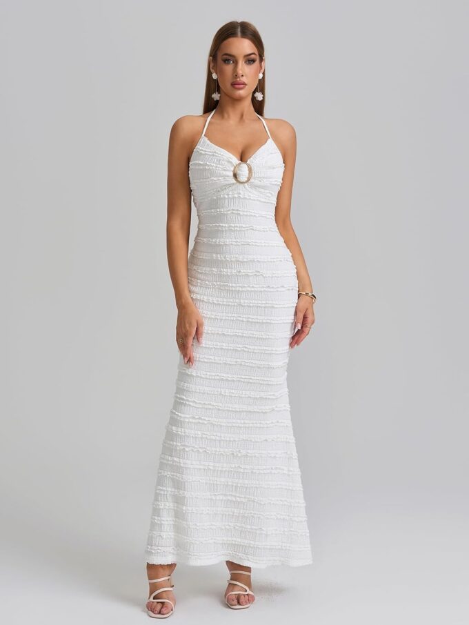 HTZMO Women Elegant Summer Casual Bodycon Maxi Dress Sexy V Neck Halter Ruffle Wedding Guest Formal Long Dresses – Bild 3