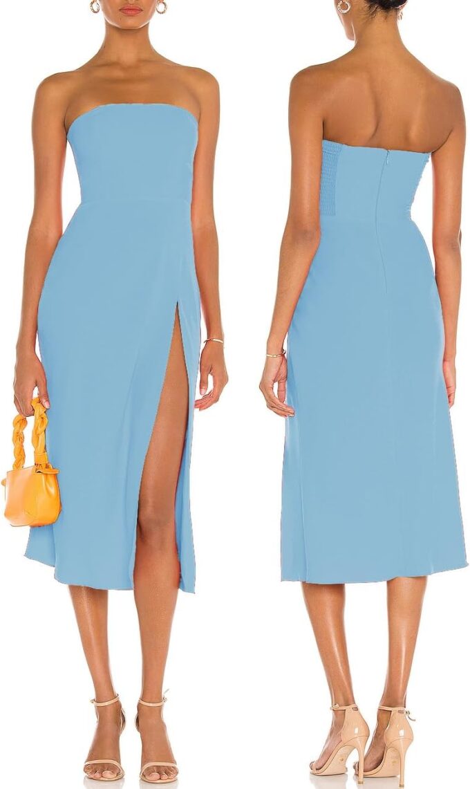 ALENDA DANMOS Women Strapless Midi Dress Tube Top Off Shoulder Summer Dress Thigh High Slit Cocktail Party Dress DD087