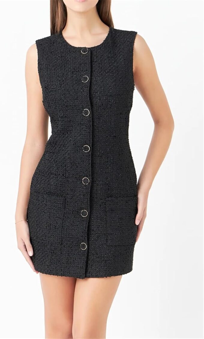 Tweed Dress Woman Sleeveless Bodycon Jackie O Dresses Crew Neck Elegant Button Down Mini Dress – Bild 4