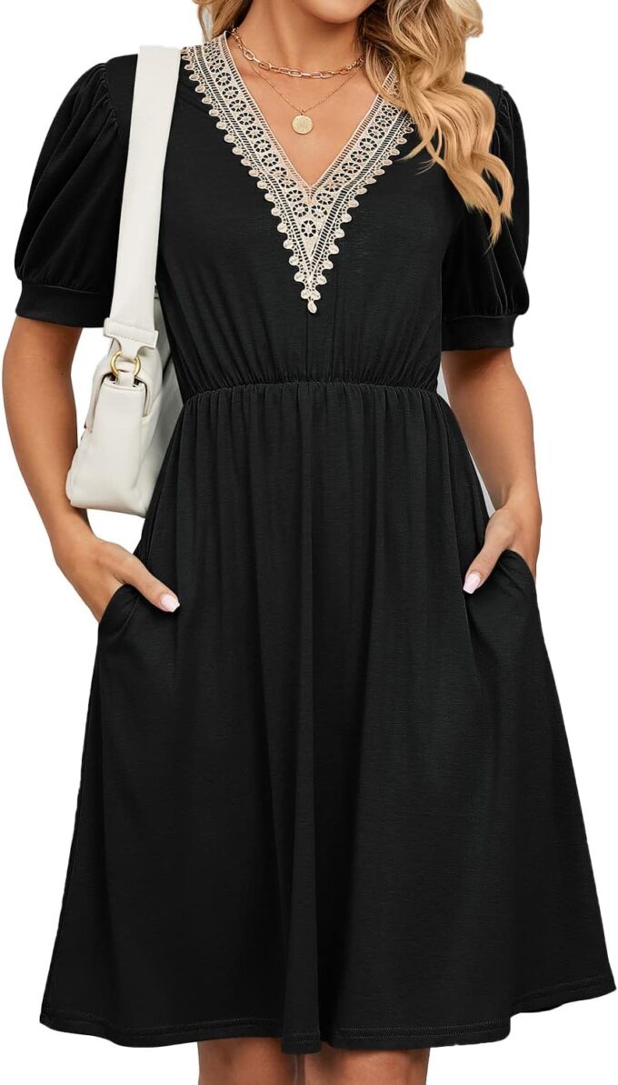 Womens A line V Neck Dress with Pockets Solid Color Short Sleeve Waist Retraction Dress