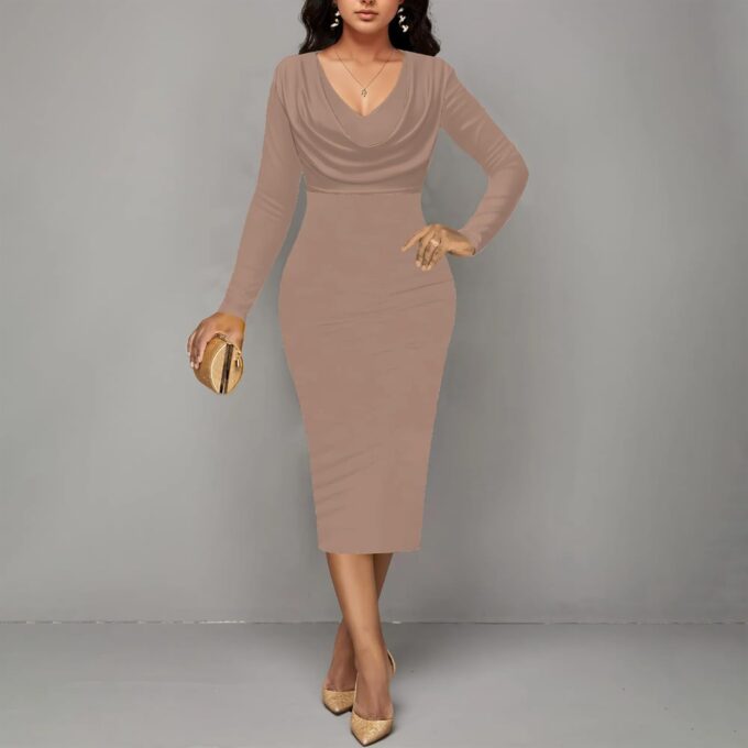 SUZONANA Damen Midi-Kleid, Kirchenkleid, langärmelig, figurbetont, Wasserfallkragen, Bleistiftkleid – Bild 5