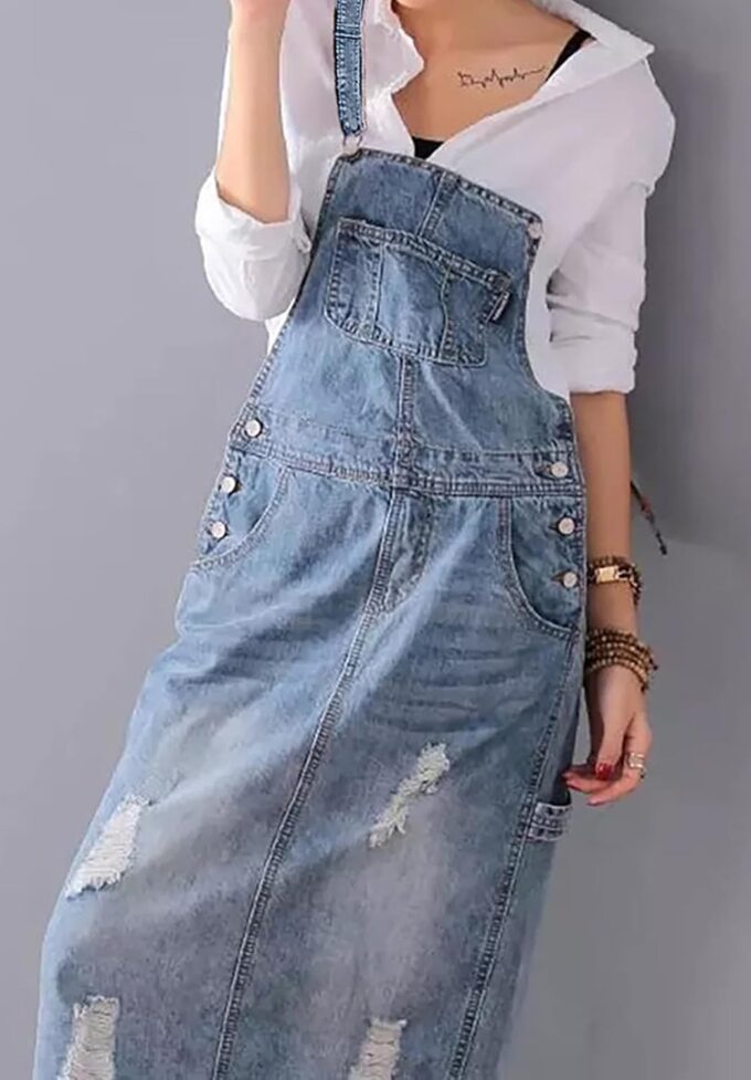 loveimgs Women Distressed Denim Overall Dress Bib Long Jean Jumper Ripped Adjustable Straps Patchwork Pinafore Dress – Bild 5