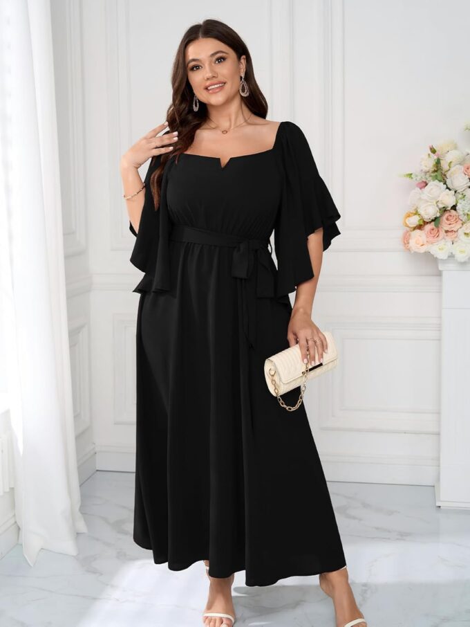 SCOMCHIC Women Plus Size Wedding Guest Maxi Dress Square Neck Ruffle 3/4 Sleeve Belted Slit A Line Formal Long Dresses – Bild 4