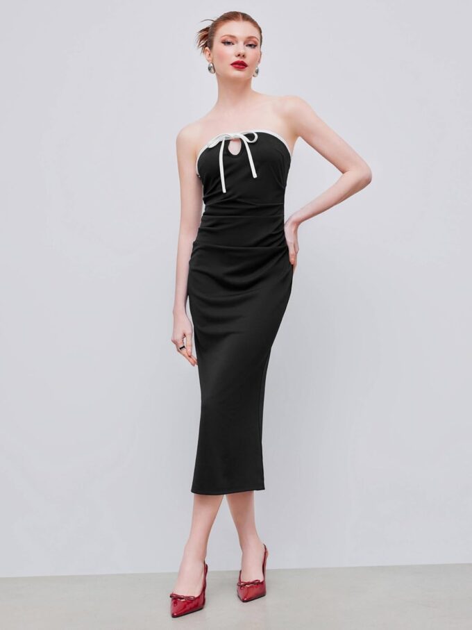 CIDER Strapless Tude Bodycon Midi Dress Ruched Tie Knotted Cocktail Party Summer Dresses – Bild 3