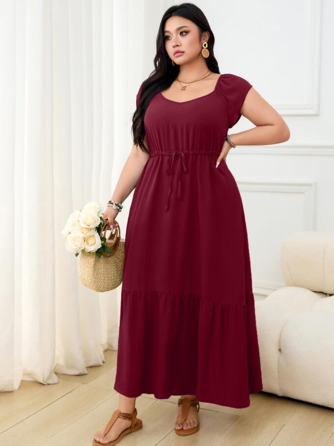 RWJ Women's Plus Size Dress Summer Short Sleeve Empire Waist Drawstring Tiered Flowy Maxi Dress – Bild 2