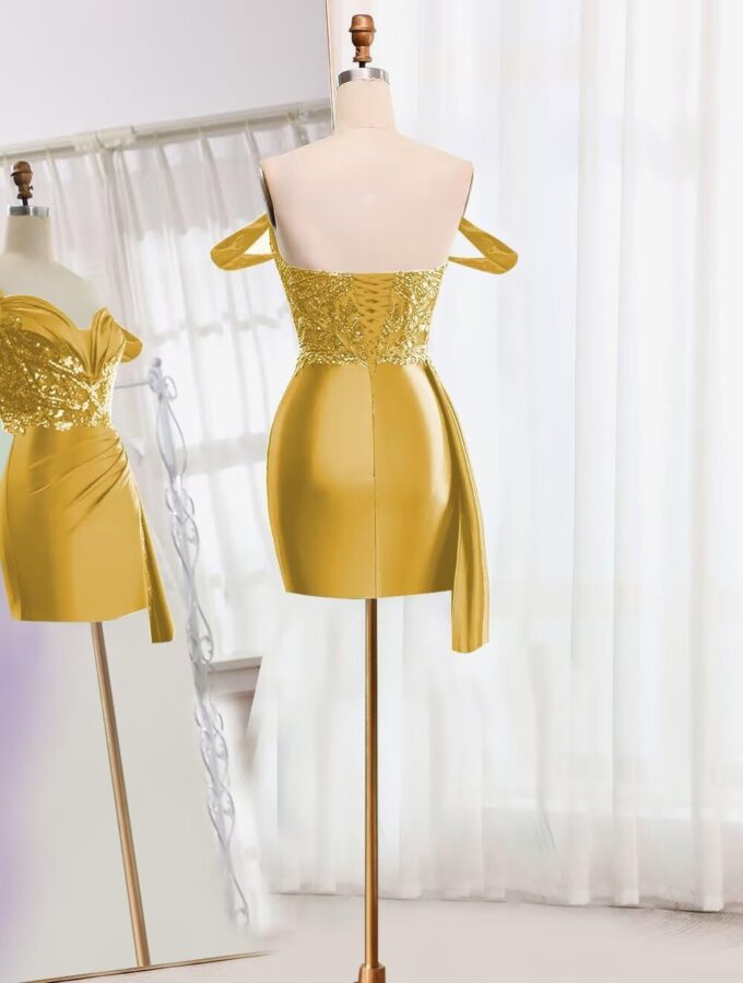 Off Shoulder Satin Homecoming Dresses for Teens 2025 Beaded Short Prom Dresses Pleated Cocktail Party Dress with Slit Tail – Bild 2