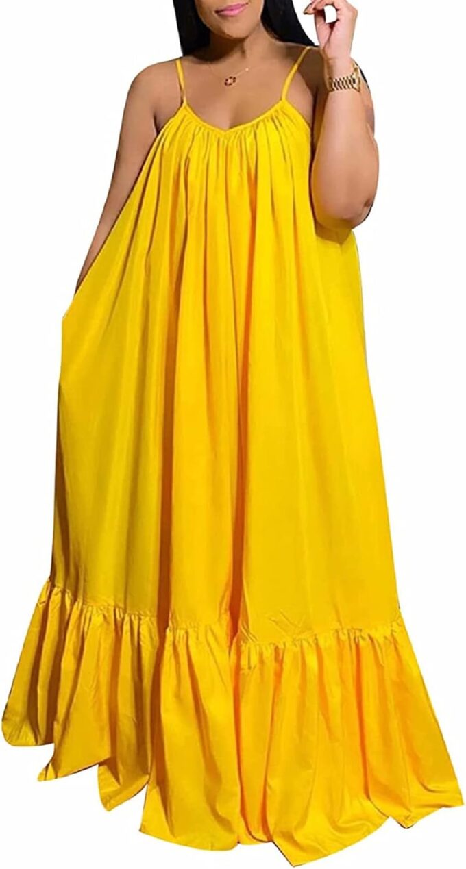 Womens Sexy Sleeveless Spaghetti Strap Dress Ruched Ruffle Hem Beach Loose Long Maxi Swing Dress Plus Size