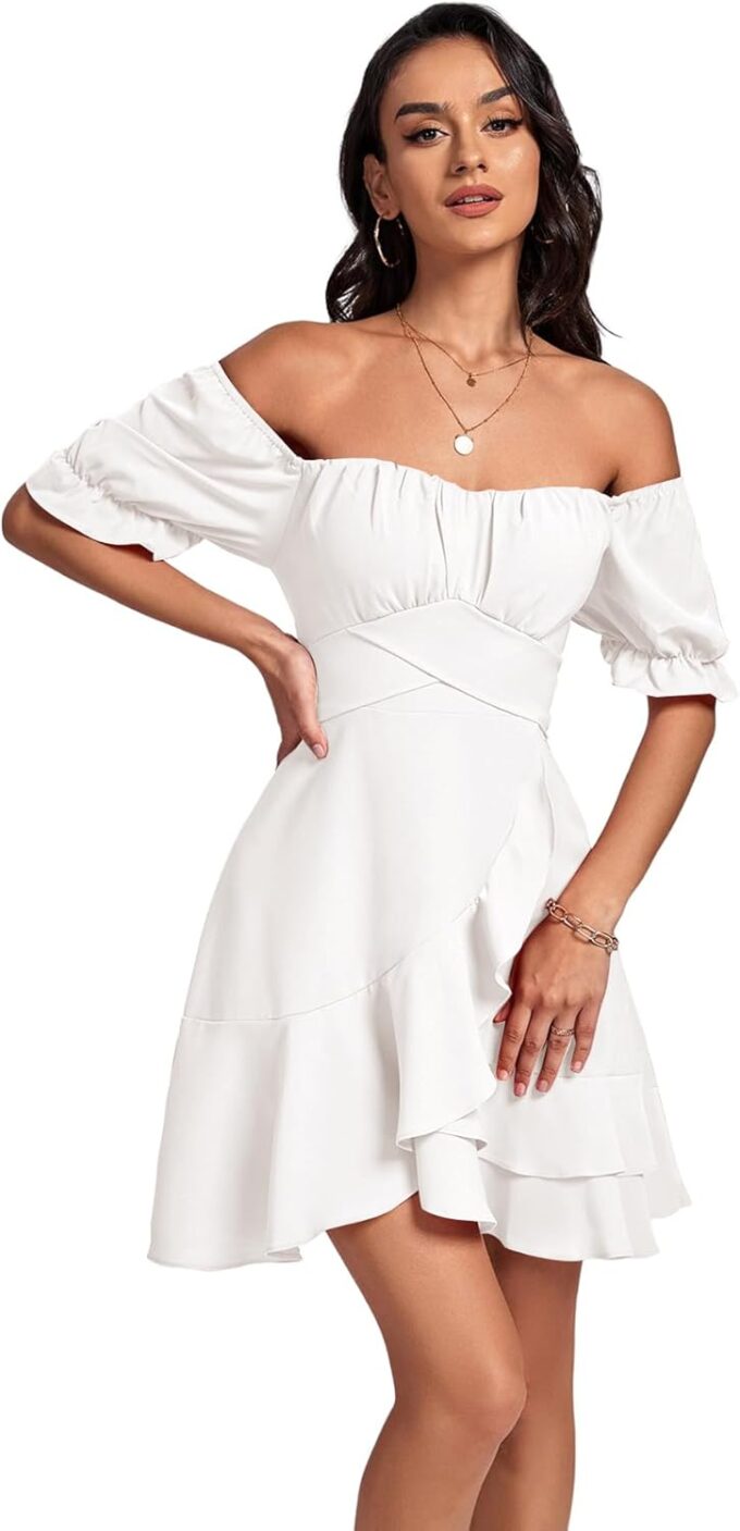 LYANER Women's Square Neck Ruffle Wrap Mini Dress Off Shoulder Flounce Short Sleeve A Line Flowy Dress – Bild 5