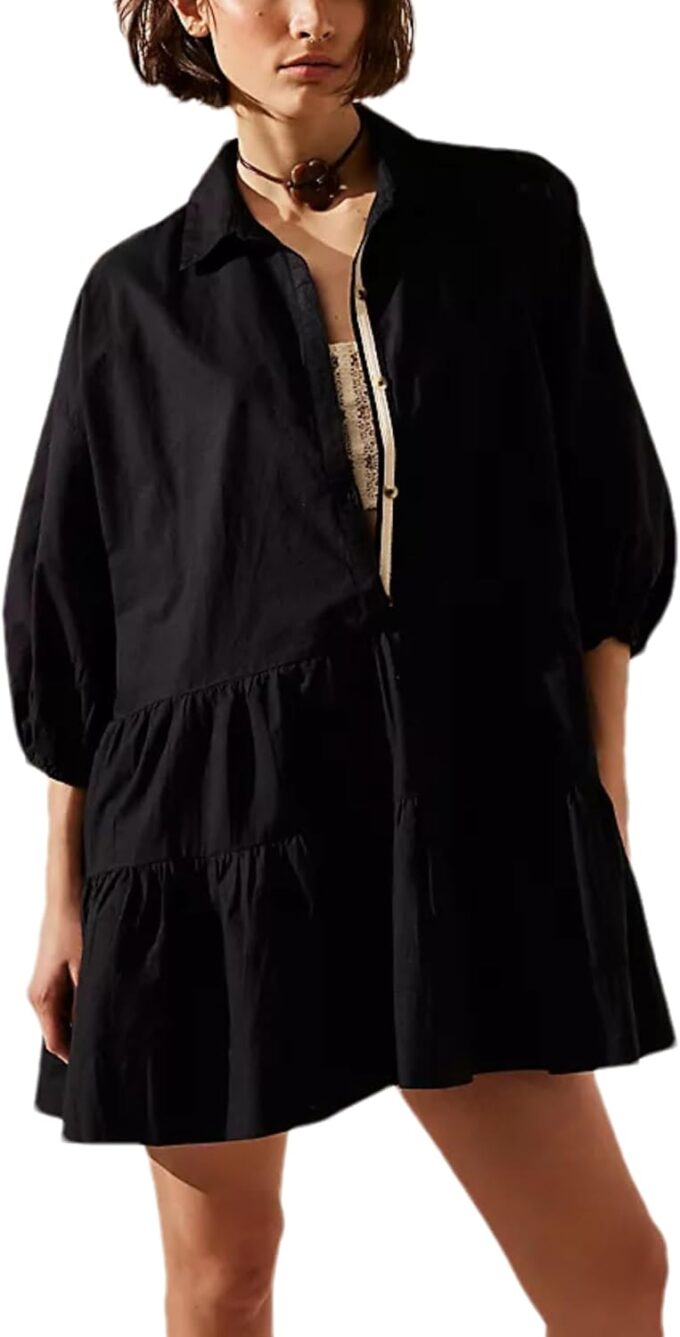 HangNiFang Women's Summer Babydoll Mini Dress Flowy Puff Sleeve Tiered Button Down Oversized Tunic Dress with Pockets – Bild 4