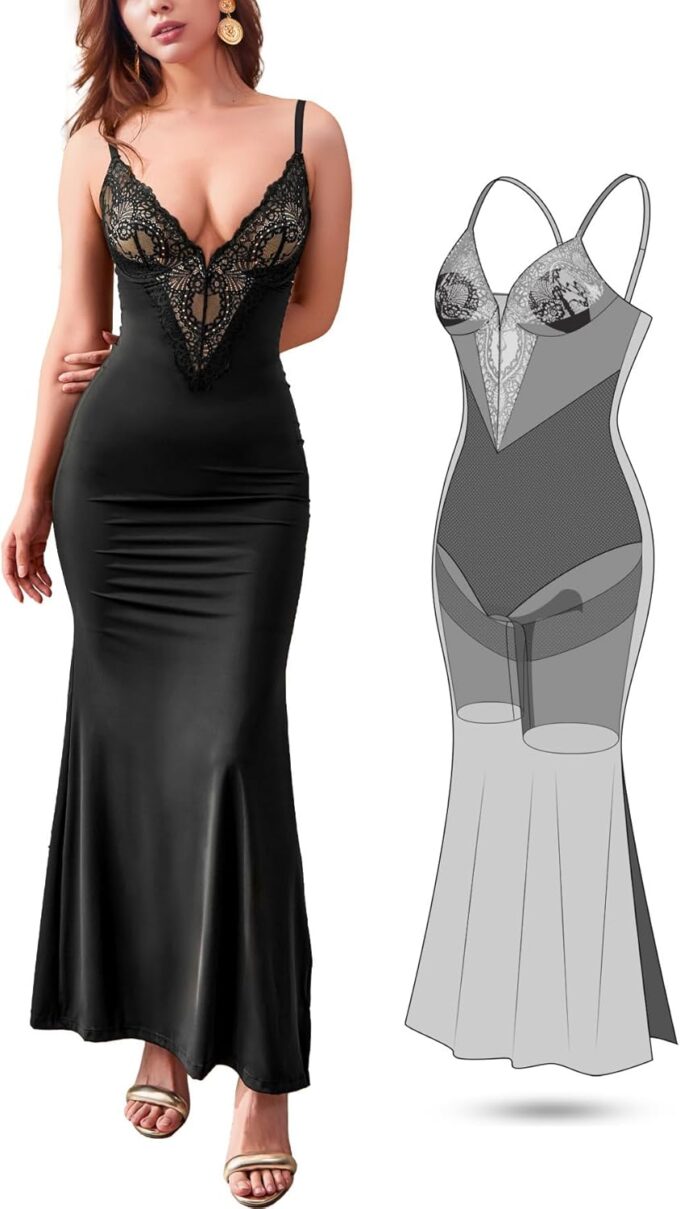 Women's Summer Built-in Bra and Shapewear Bodycon Sexy Maxi Dress with Lace Deep V-Neck and Spaghetti Straps