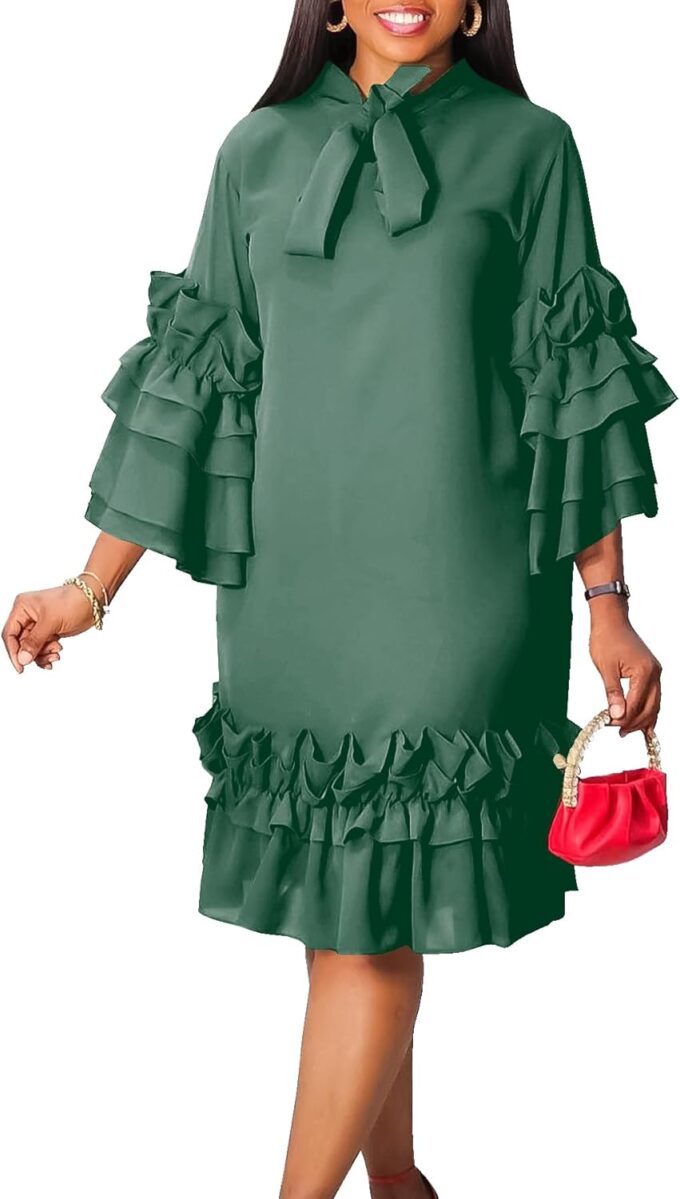 Women's Plus Size Midi Dress Ruffle Sleeve Bow Tie Neck Casual A line Swing Midi Dresses