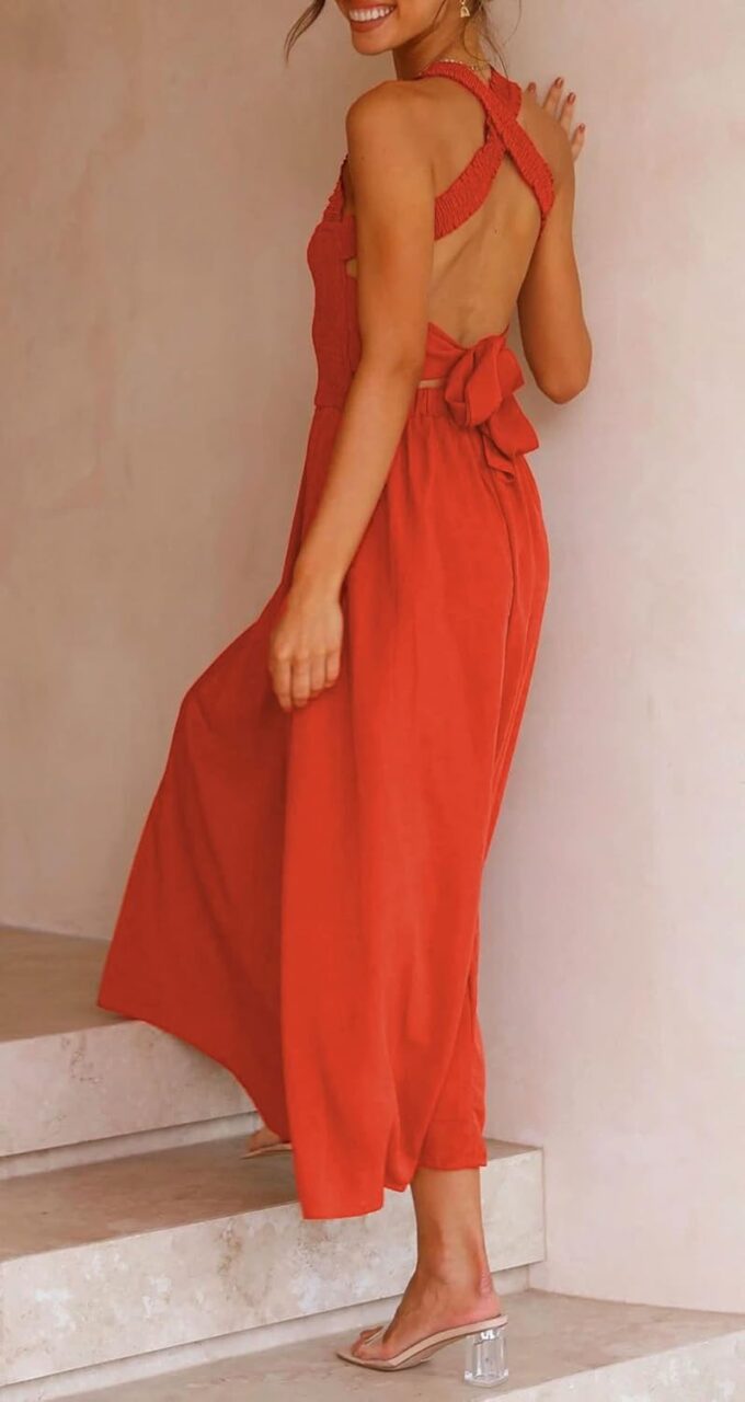CHARTOU Women Sexy Spaghetti Strap Cut Out Smocked Dress Party Backless Flowy Midi Dress with Pocket – Bild 3