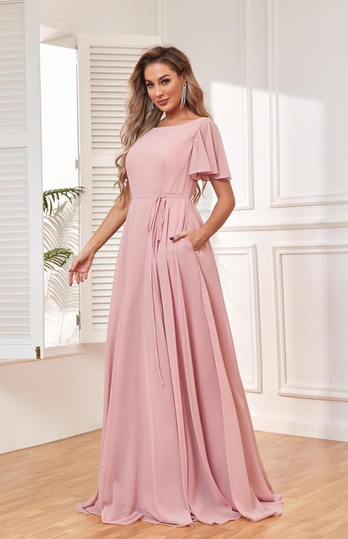 Flutter Sleeve Bridesmaid Dresses with Pockets Sash for Women 2025 Chiffon Wedding Formal Evening Gown – Bild 7