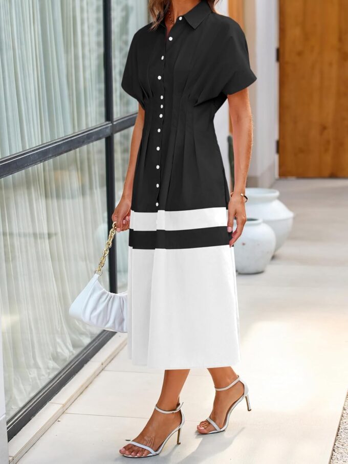 Wenrine Womens Summer Button Down Shirt Dress Casual Color Block V Neck Short Sleeve Corset Maxi Dresses – Bild 3