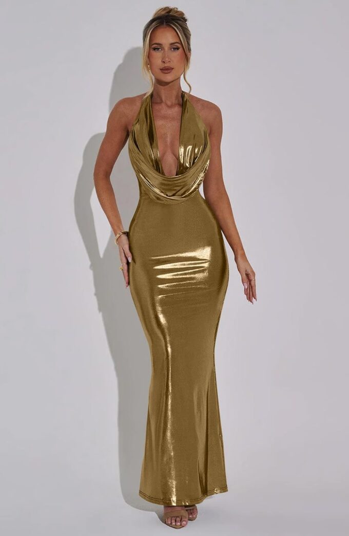 Memoriesea Women's Luxury Metallic Halter Neck Bodycon Party Evening Gown Maxi Dress – Bild 2