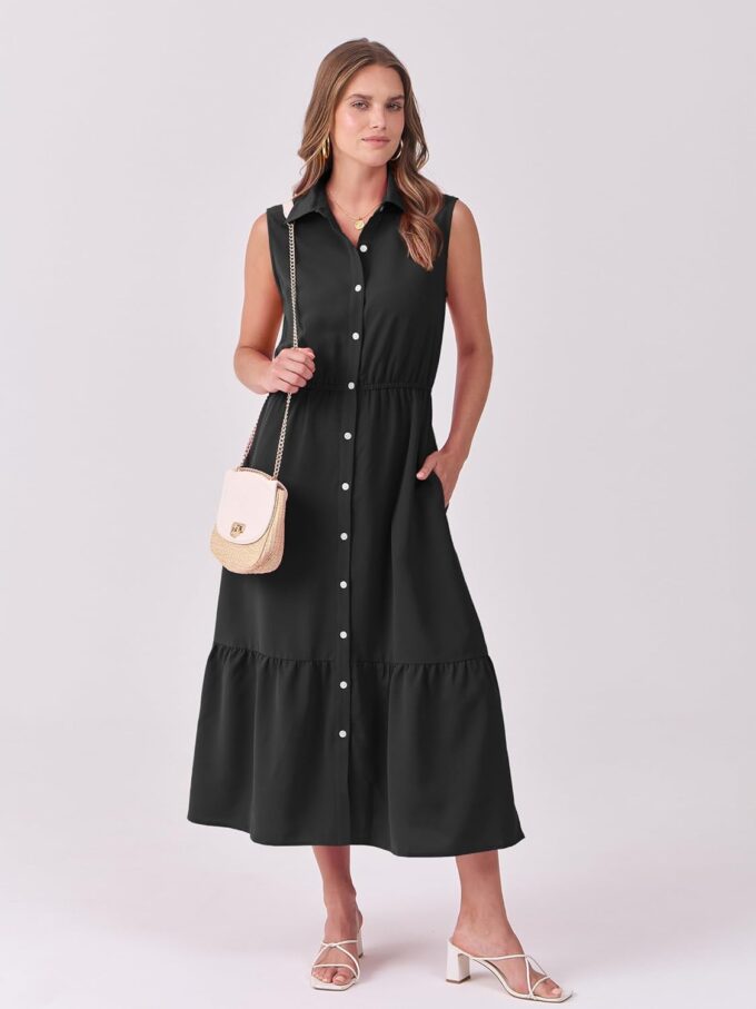 ANRABESS Womens Summer Button Down Maxi Shirt Dress Sleeveless Collared Tiered Work Dresses Beach Sundress with Pockets – Bild 2