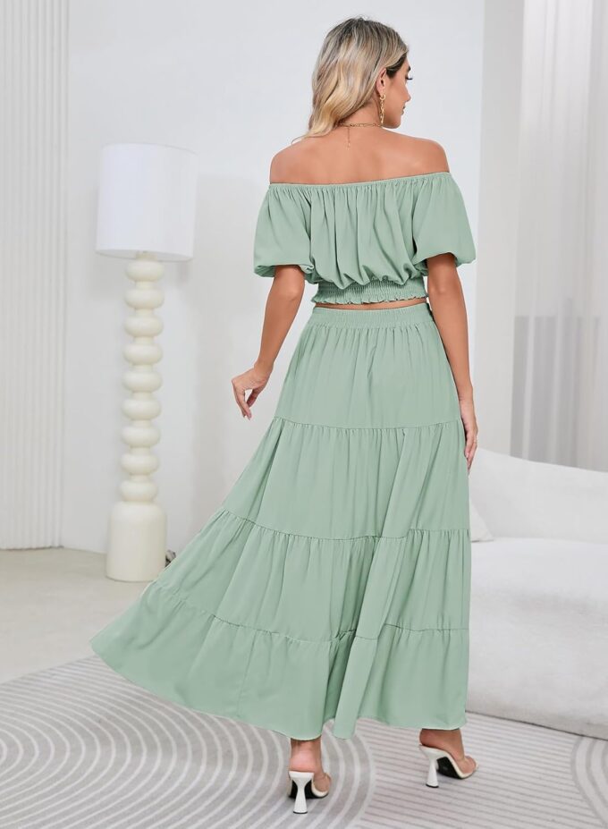 HUUSA 2025 Summer 2 Piece Boho Outfits for Women Short Sleeve Off Shoulder Crop Top and High Waist Flowy Long Skirt Set – Bild 6