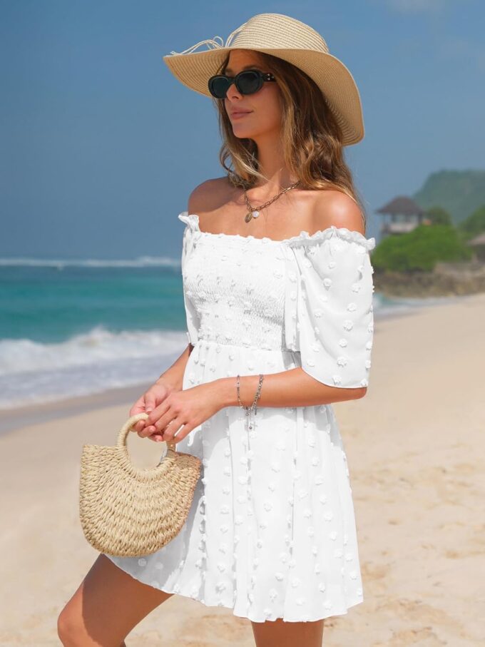 EXLURA Women's 2025 Summer Casual Square Neck Dresses Ruffle Short Sleeve Swiss Dot Flowy Mini Dress – Bild 4
