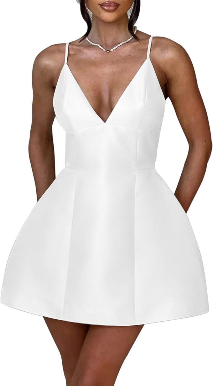 LuFeng Women's Sexy Sleeveless Spaghetti Strap Deep V Neck Backless Flowy Drape Cocktail Mini Dress – Bild 2