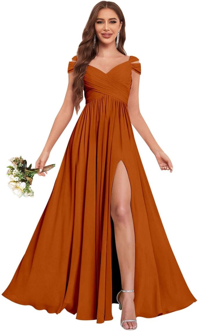Off The Shoulder Bridesmaid Dresses with Slit Pockets Long Pleated Chiffon Formal Evening Dress for Women – Bild 4