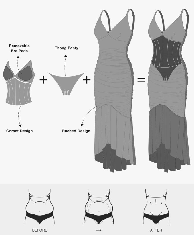 Popilush Corset Dress Built in Shapewear Bodycon Cocktail Dresses for Women Wedding Guest Deep V Neck Mesh Ruched Maxi Dress – Bild 3
