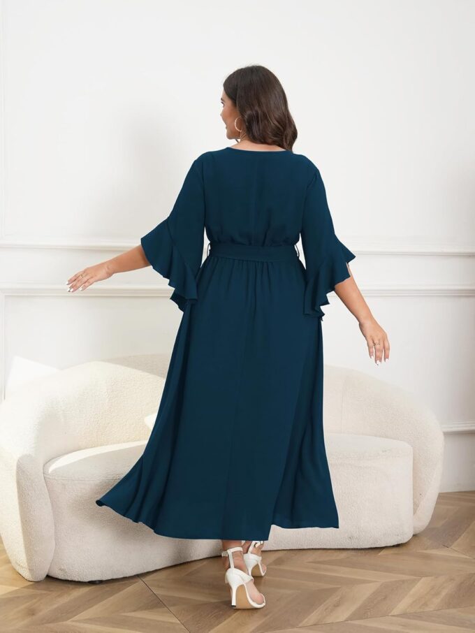 Womens Plus Size Dress Wedding Guest Cocktail Ruffle Half Sleeve Wrap V Neck Slit A Line Maxi Dresses with Belt – Bild 3