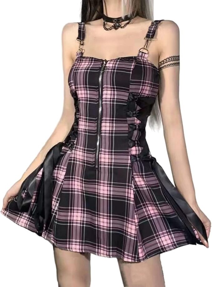 Botenwall Gothic High Waist Sexy Backless Mini Plaid Dress Mall Goth Grunge Punk Aesthetic Dresses Y2k Party Dress