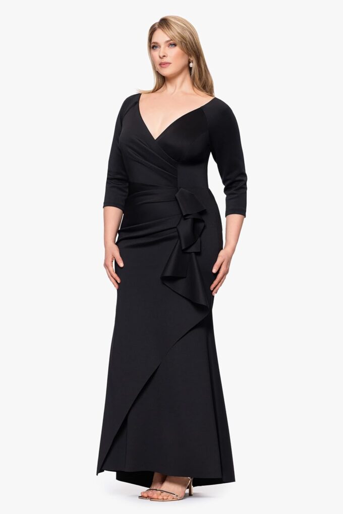 Xscape Women's Plus Size Long 3/4 Sleeve V-Neck Side Ruched Dress – Bild 2