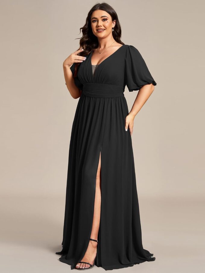 Ever-Pretty Plus Womens V-Neck Puffy Sleeves Empire Waist Ruched Bust A-Line Slit Maxi Plus Size Formal Dress – Bild 4
