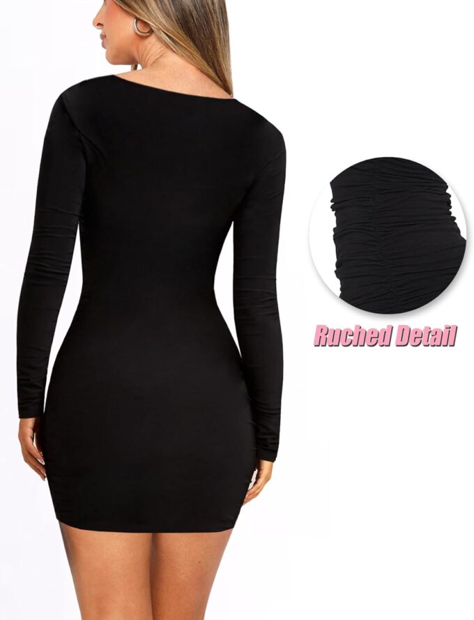 Women Square Neck Dress Black Long Sleeve Ruched Dresses Tight Mini Dress Bodycon Going Out Dresses – Bild 5