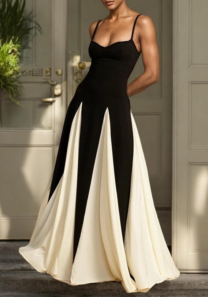 Womens Elegant Sleeveless Color Block Pleated Maxi Dress Patchwork Swing Formal Party Prom Flowy Long Dress – Bild 4