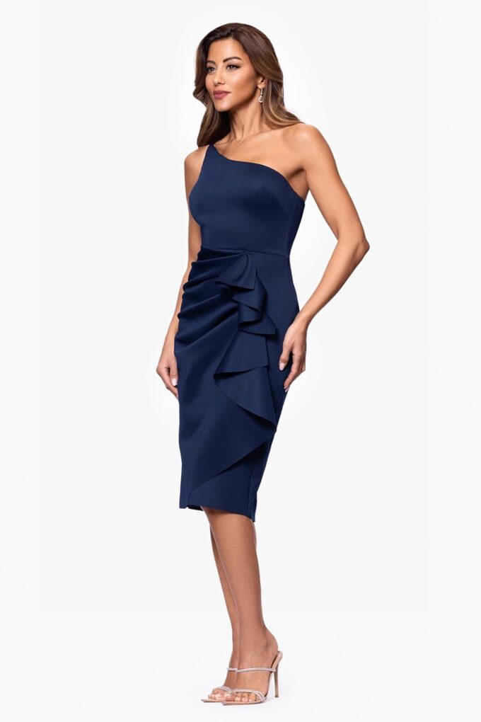 Xscape Women's Sleeveless One Shoulder Scuba Ruffle Midi Dress – Bild 2