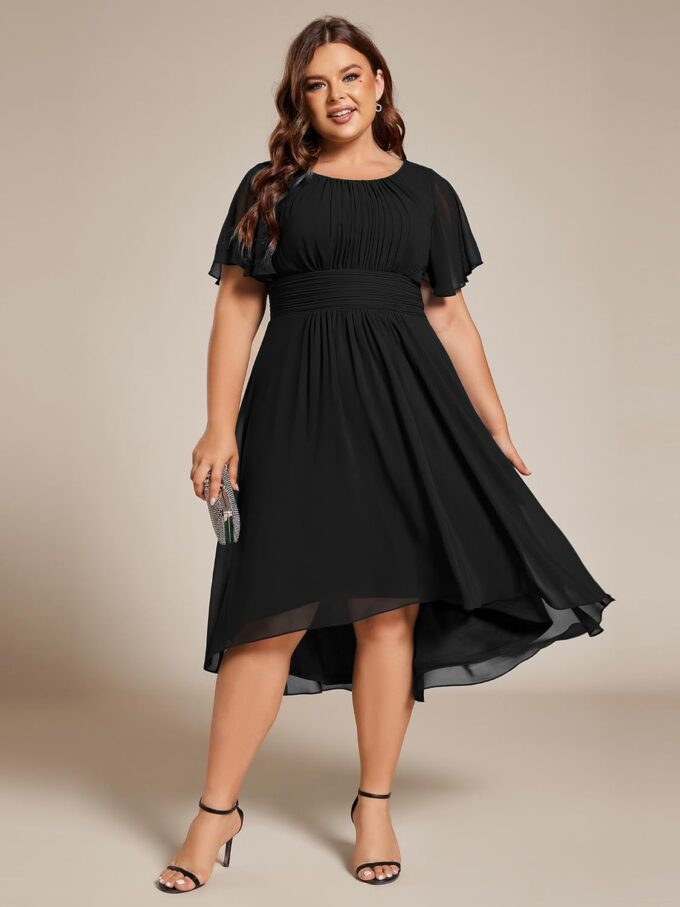 Ever-Pretty Women's A Line Crew Neck Short Sleeves Pleated Elastic Back Chiffon Midi Plus Size High Low Wedding Guest Dresses – Bild 4