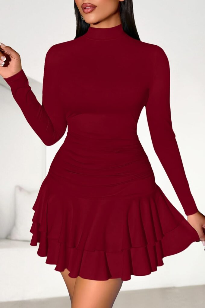 PRETTYGARDEN Women's Fall Long Sleeve Dresses 2025 Mock Neck Ruched Y2K Clothes Ruffle Layered Bodycon Mini Party Dress – Bild 6