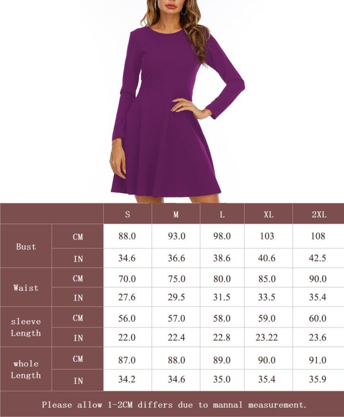 Jusfitsu Langärmeliges Damenkleid, lässig, schlicht, A-Linie, knielang, Rock, schmale Passform, Skaterkleid – Bild 6