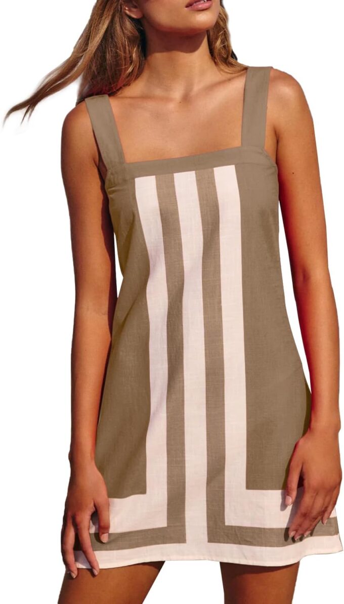 2025 Women Boho Striped Mini Dress Casual Summer Color Block Coverups Beach Overall Dress