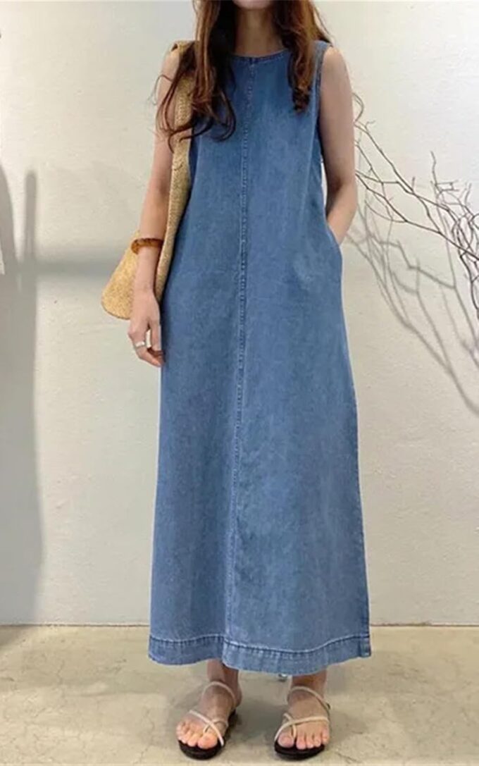 Womens Casual Sleeveless Maxi Denim Dress Crewneck Vintage Loose Long Vest Jean Dress with Pockets – Bild 4