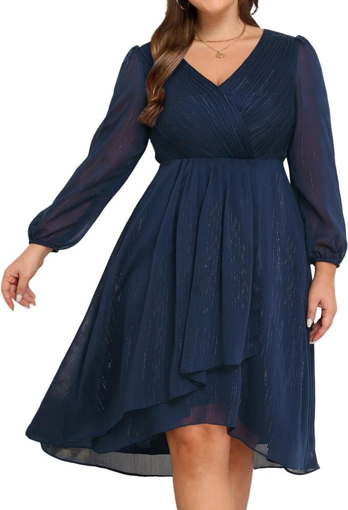 Plus Size Cocktail Dress - Formal Wedding Guest Fall Long Sleeve A Line Pleated V Neck Midi Dresses for Curvy Women