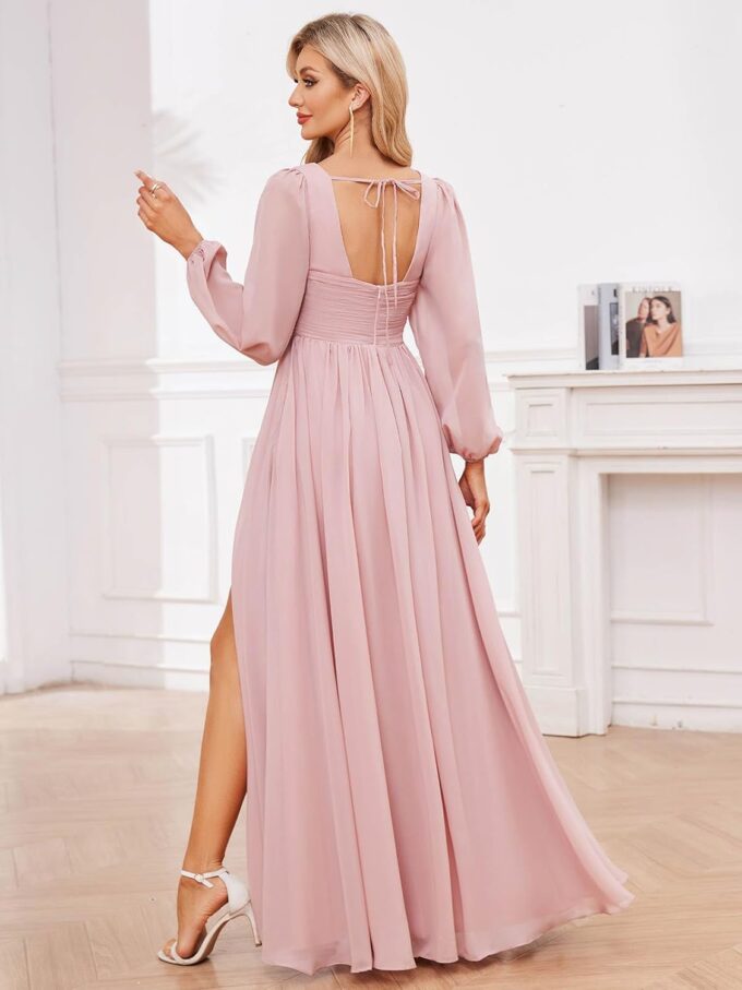 Women's Long Sleeve Bridesmaid Dresses with Slit V Neck Chiffon Ruched Formal Wedding Guest Party Dresses – Bild 4