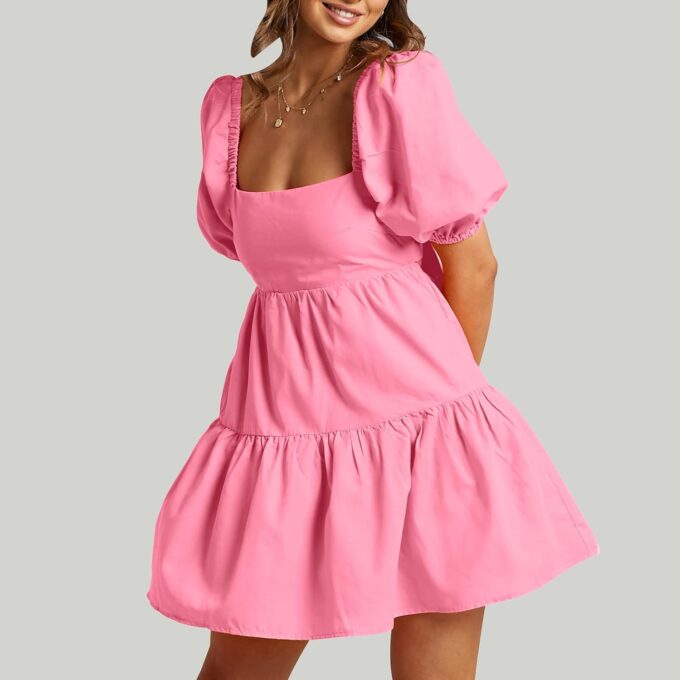 OWNGIGI Women's Summer Dress Square Neck Puffy Short Sleeve Loose Tie Back Casual A-Line Mini Dresses – Bild 3