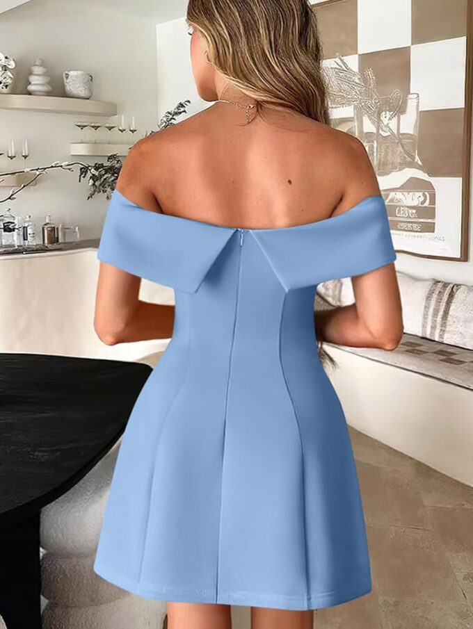 XXTAXN Women's Summer Sexy Off Shoulder Formal Wedding Guest A-Line Back Zipper Mini Dress with Pockets – Bild 8