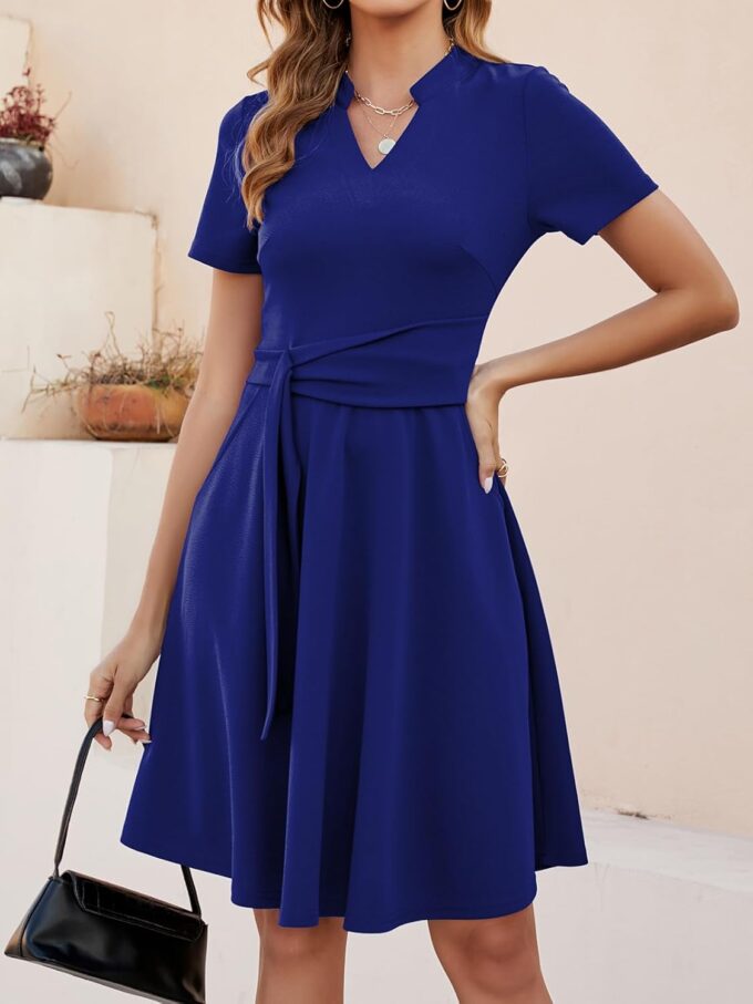 Mokayee Womens Summer Short Sleeve V Neck Fit and Flare A Line Business Casual Wedding Guest Work Dresses with Pockets – Bild 6
