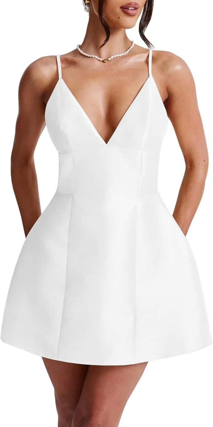 LuFeng Women's Sexy Sleeveless Spaghetti Strap Deep V Neck Backless Flowy Drape Cocktail Mini Dress