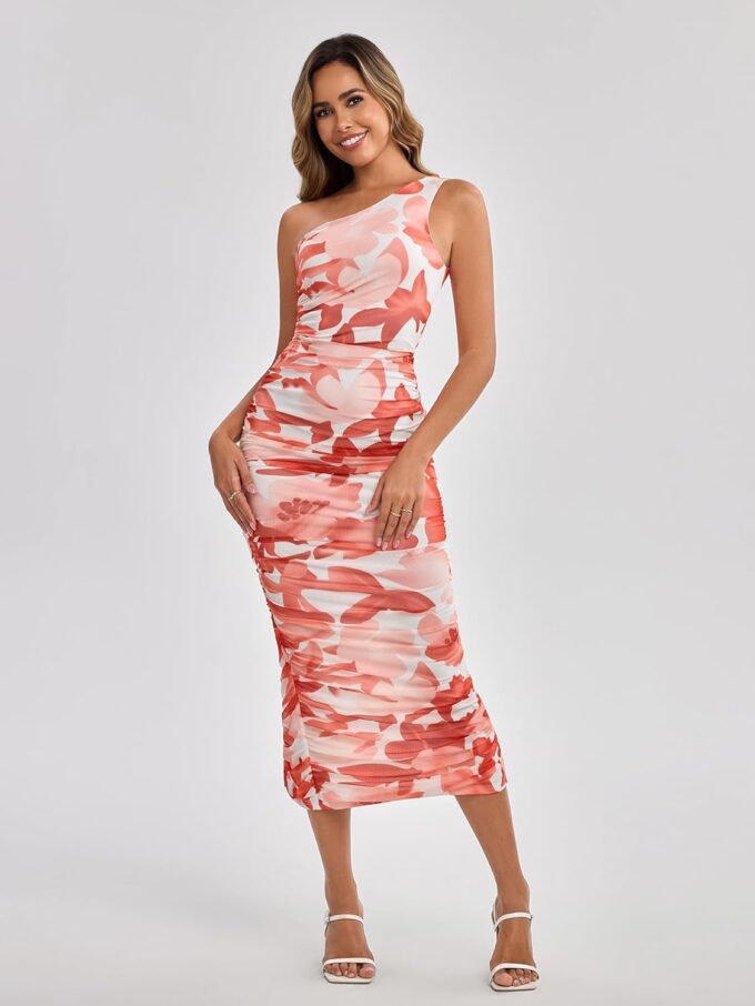 One Shoulder Floral Midi Dress Ruched Bodycon Sleeveless Cocktail Party Dresses for Women 2025 Summer Wedding Guest – Bild 3