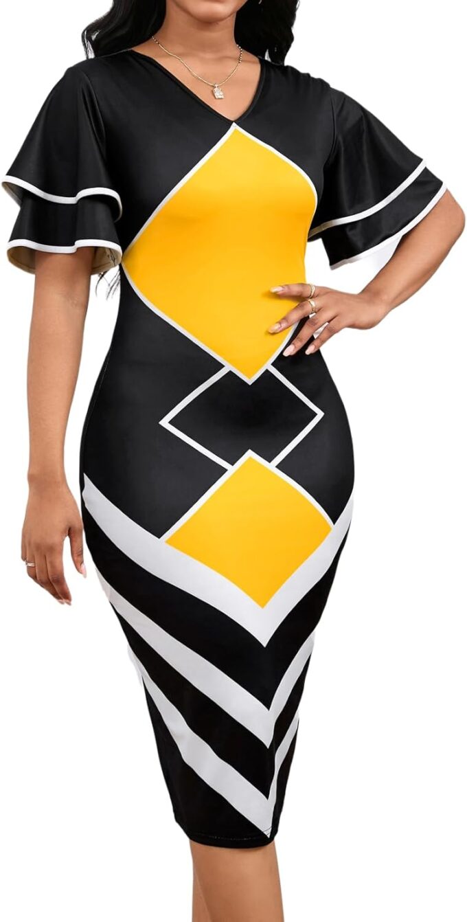 VisiChenup Women's Sexy African Pencil Dress Ruffles Sleeve Bodycon Midi Dresses – Bild 2