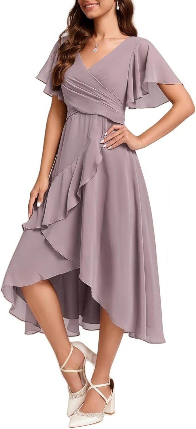 Women's Wrap V Neck Flutter Sleeve Chiffon Cocktail Wedding Guest Dress Layered Ruffle Flowy Midi Party Dress
