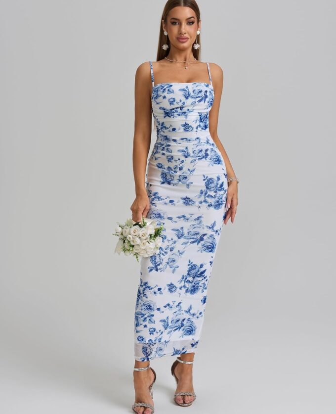 Women's Summer Mesh Floral Maxi Dress Sleeveless Spaghetti Strap Ruched Bodycon Formal Party Fitted Long Dresses – Bild 3